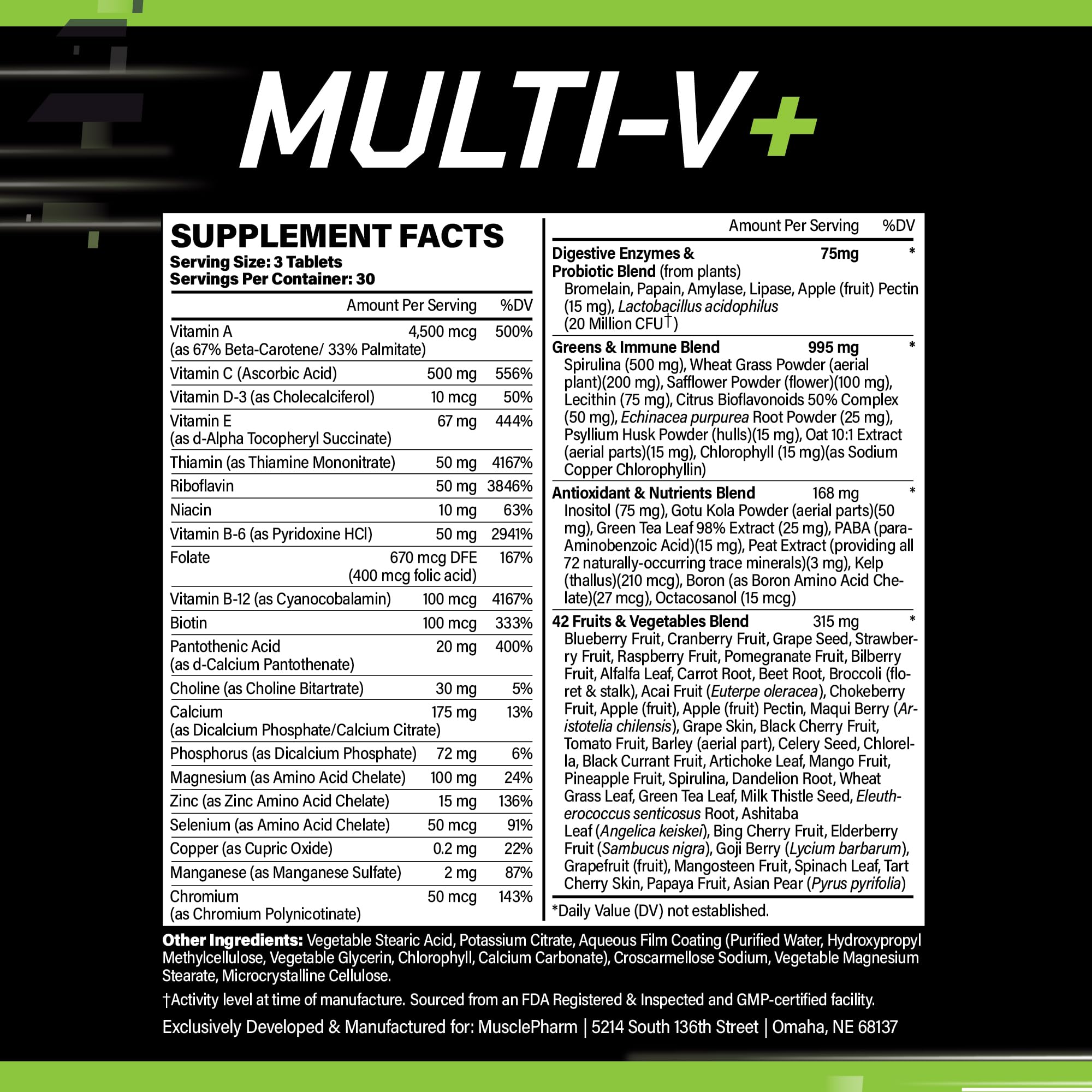 Muscle Pharm mezcla de frutas y verduras que ilustra ingredientes naturales