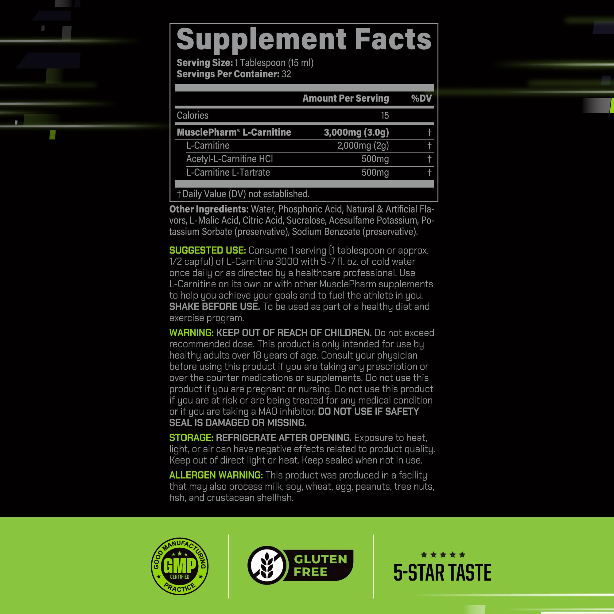 Muscle Pharm etiqueta en primer plano con información de dosis y beneficios claros