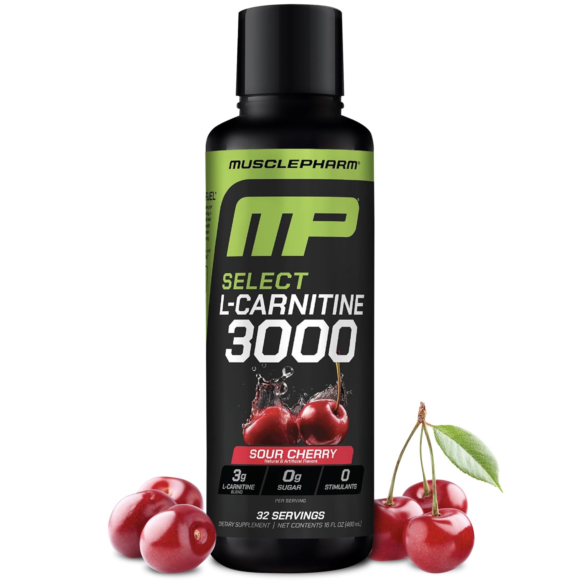 Muscle Pharm bote frontal mostrando formato y sabor cereza ácida, fácil identificación