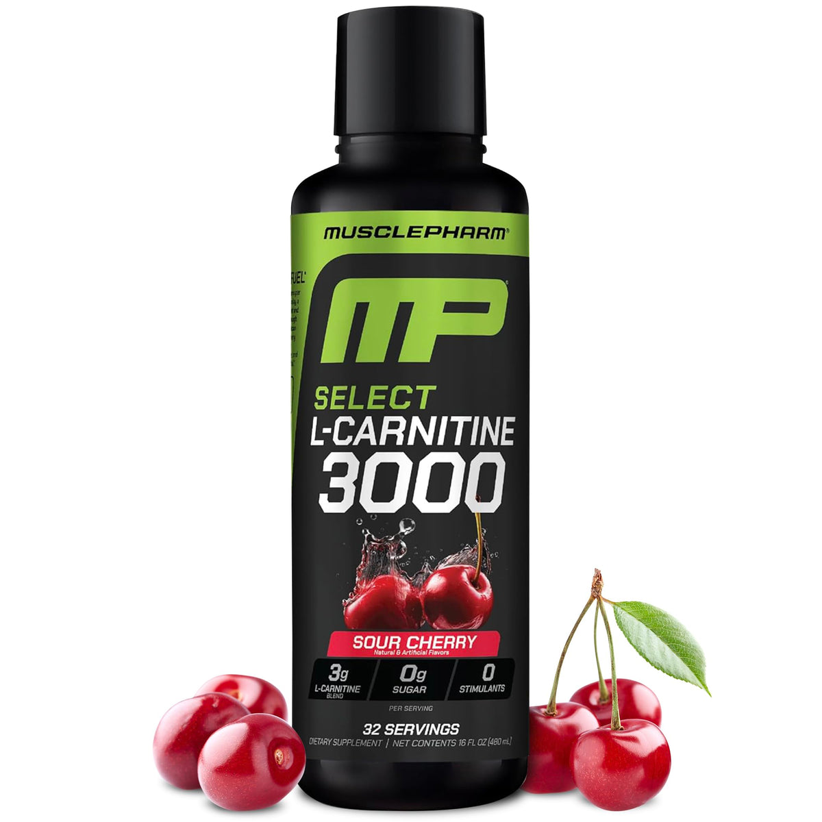 Muscle Pharm bote frontal mostrando formato y sabor cereza ácida, fácil identificación