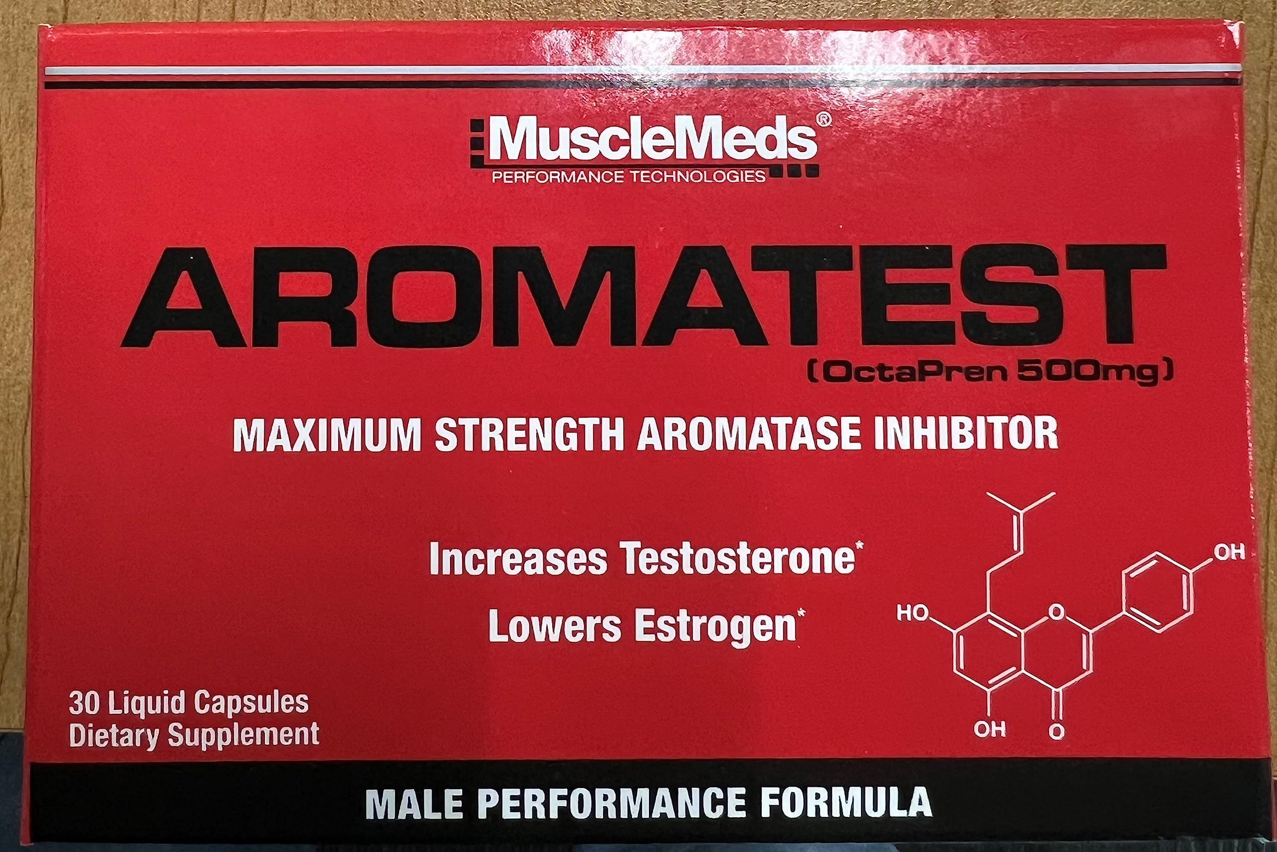 MuscleMeds frasco abierto con 30 cápsulas indicando la duración