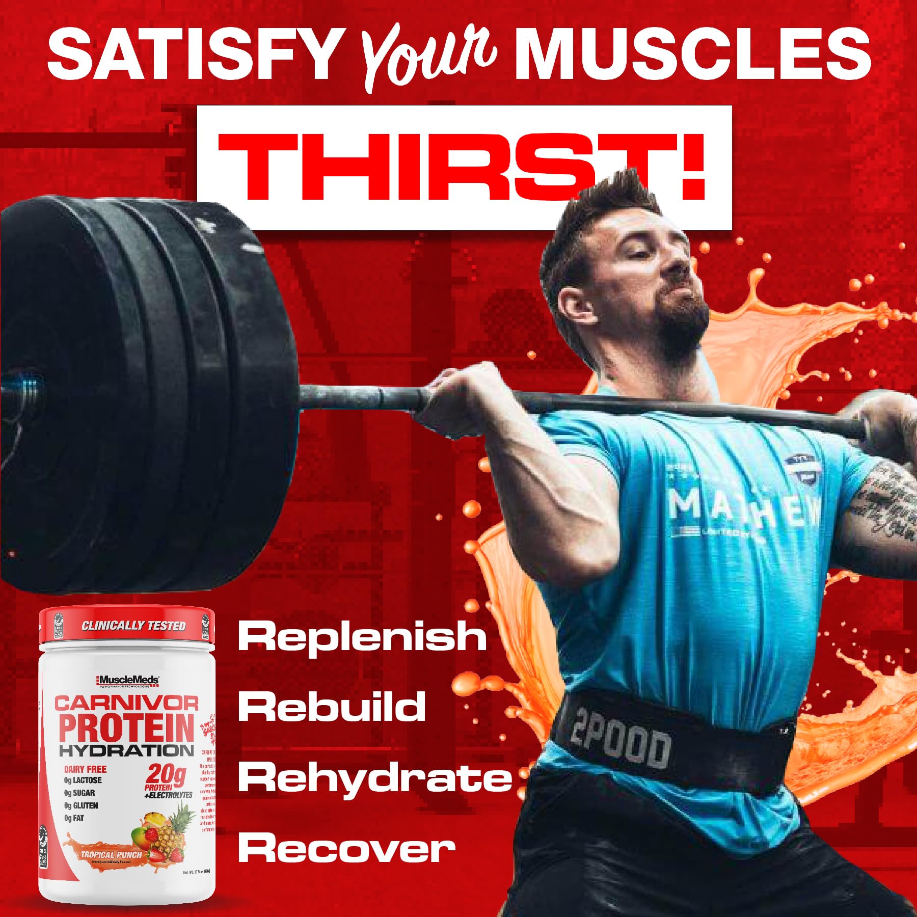 MuscleMeds Carnivor en gimnasio con deportista hidratándose y recuperando