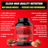 MuscleMeds close-up de etiqueta nutricional destacando 40g proteína y 40g carbohidratos