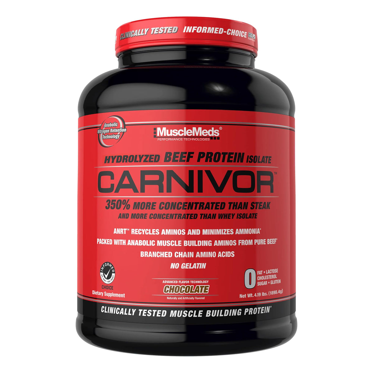 MuscleMeds CARNIVOR frente del empaque mostrando sabor chocolate y beneficios