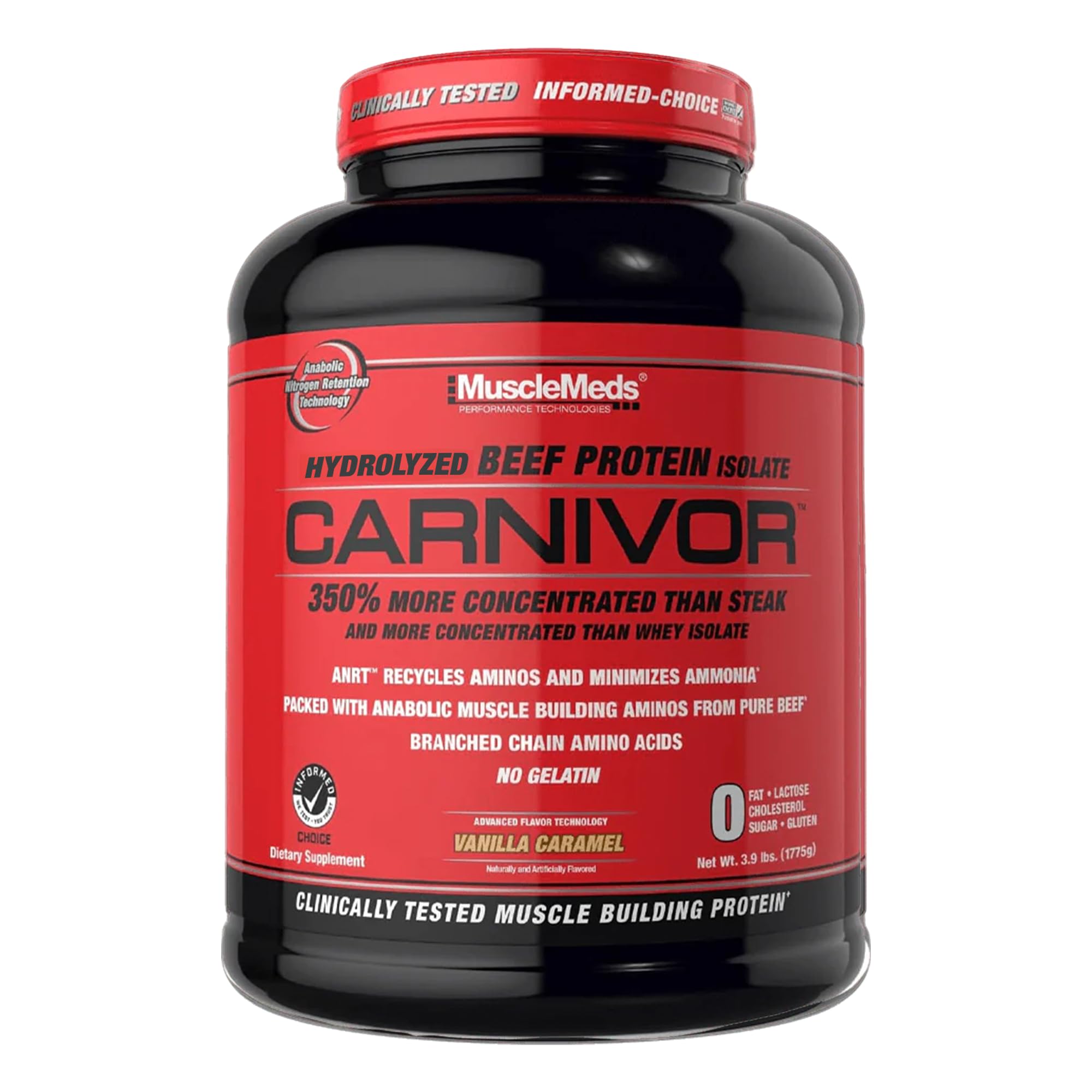 MuscleMeds Carnivor frente del envase mostrando sabor vainilla caramelo y conveniencia