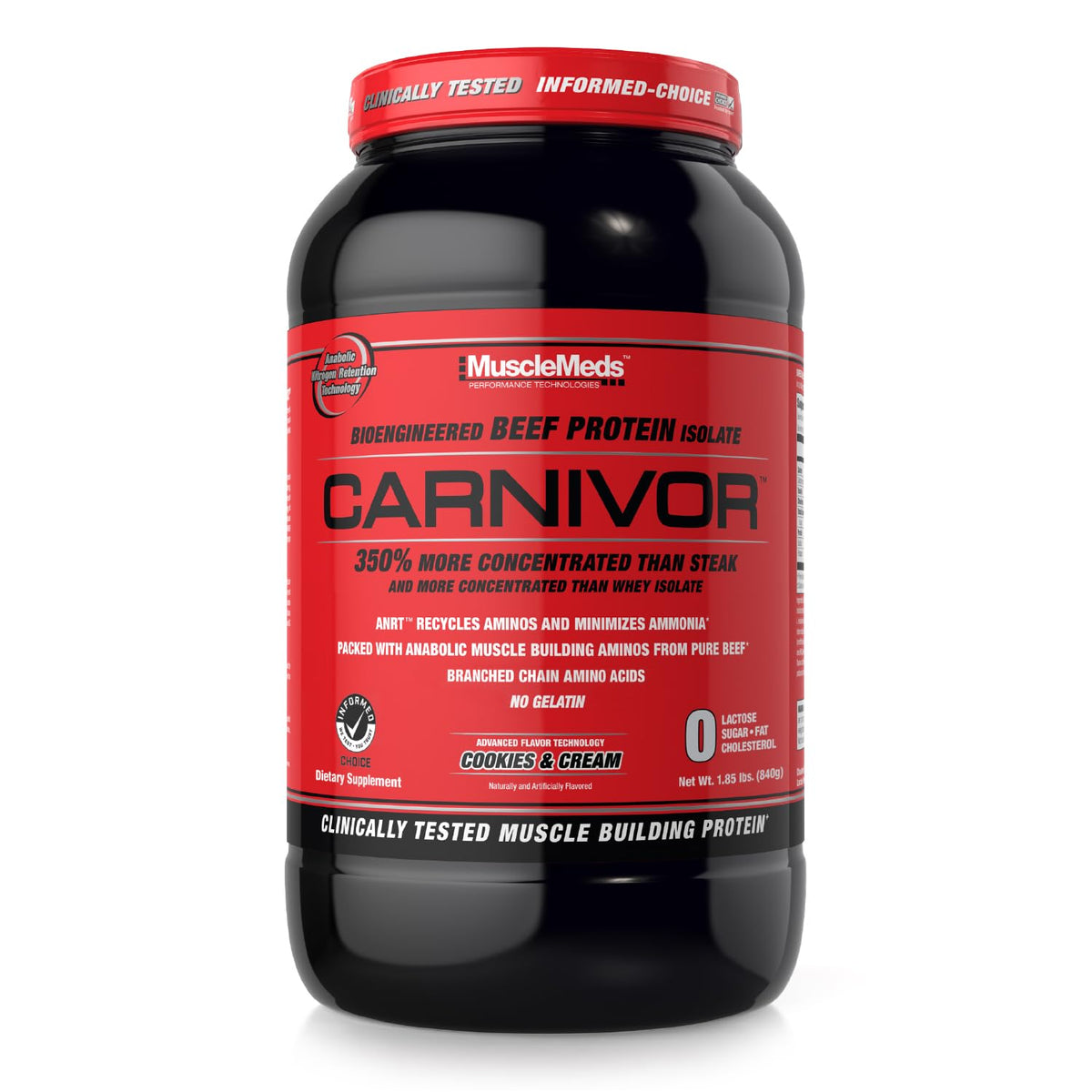 MuscleMeds Carnivor envase frontal mostrando diseño y sabor Cookies & Cream, claridad de beneficios
