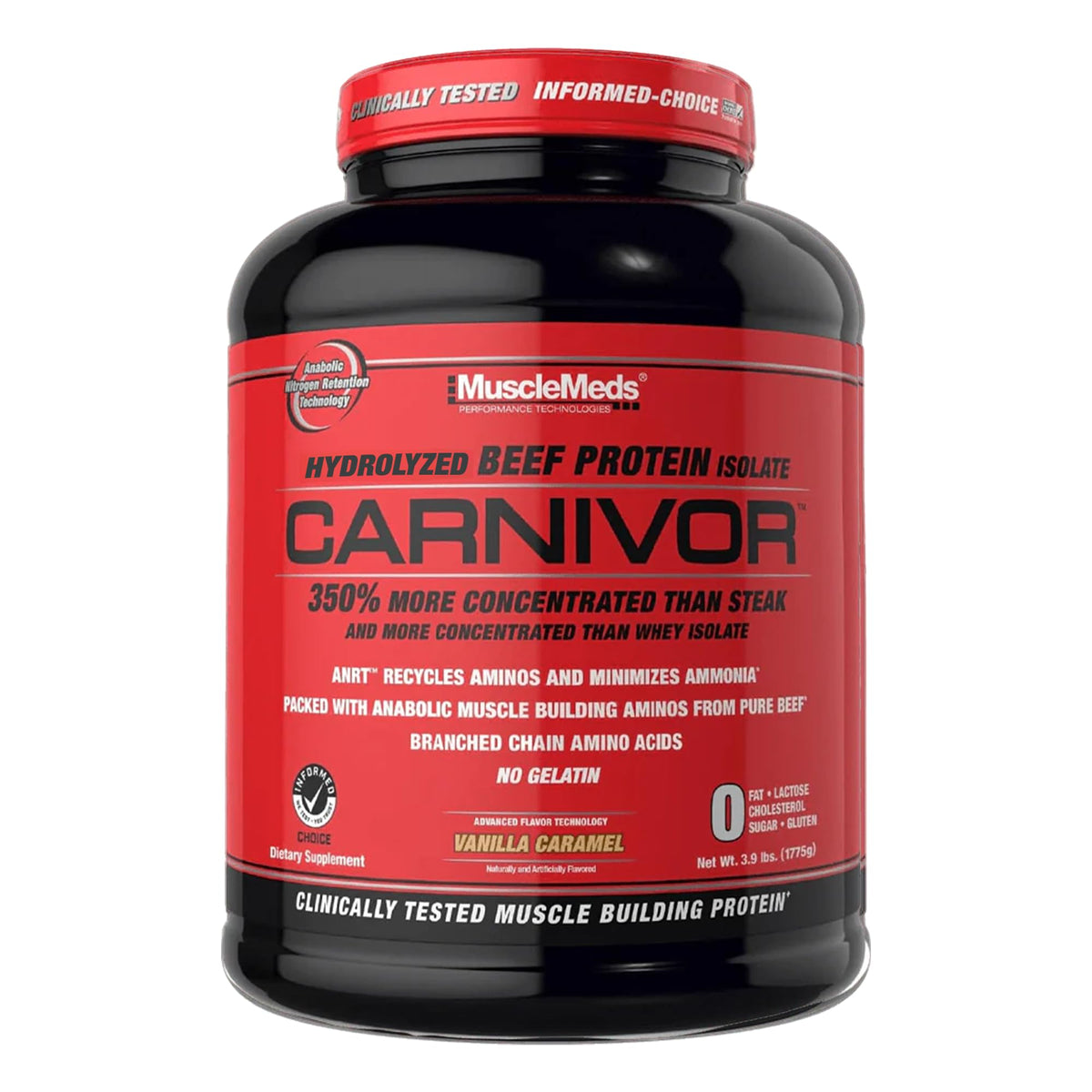 MuscleMeds Carnivor frente del envase mostrando sabor vainilla caramelo y conveniencia