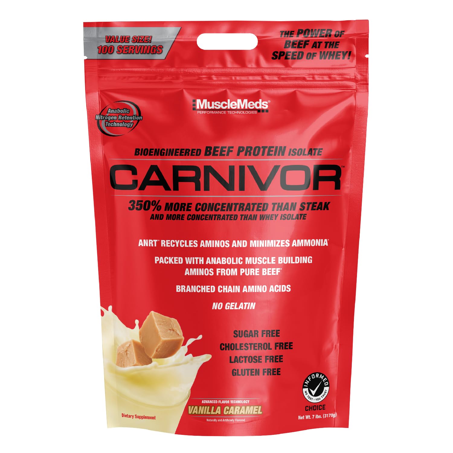 MuscleMeds Carnivor frente del envase mostrando 7 lb y sabor vainilla caramelo para ahorro
