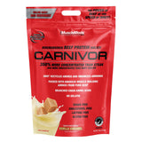 MuscleMeds Carnivor frente del envase mostrando 7 lb y sabor vainilla caramelo para ahorro