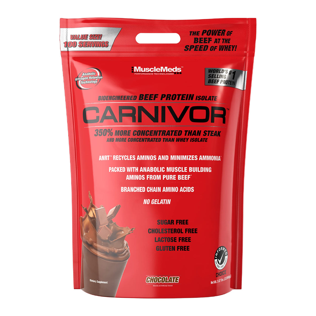 MuscleMeds Carnivor frente del envase mostrando sabor chocolate