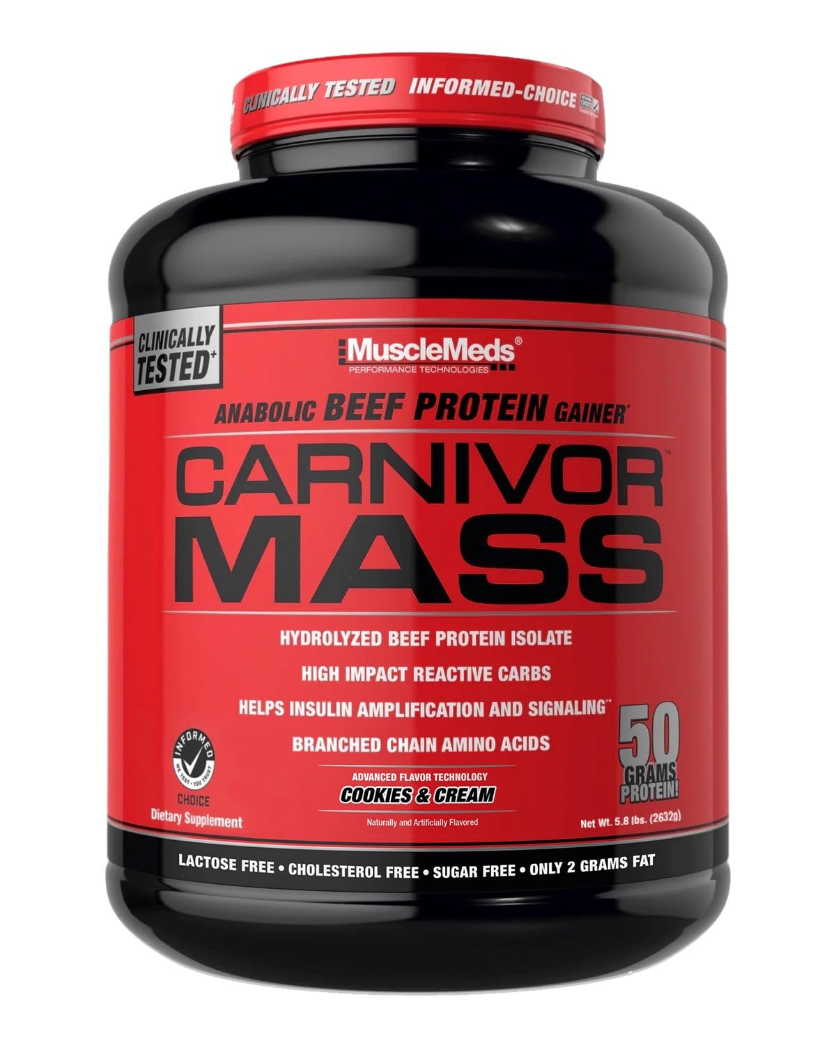 MuscleMeds CARNIVOR envase frontal mostrando información clave y beneficio de masa