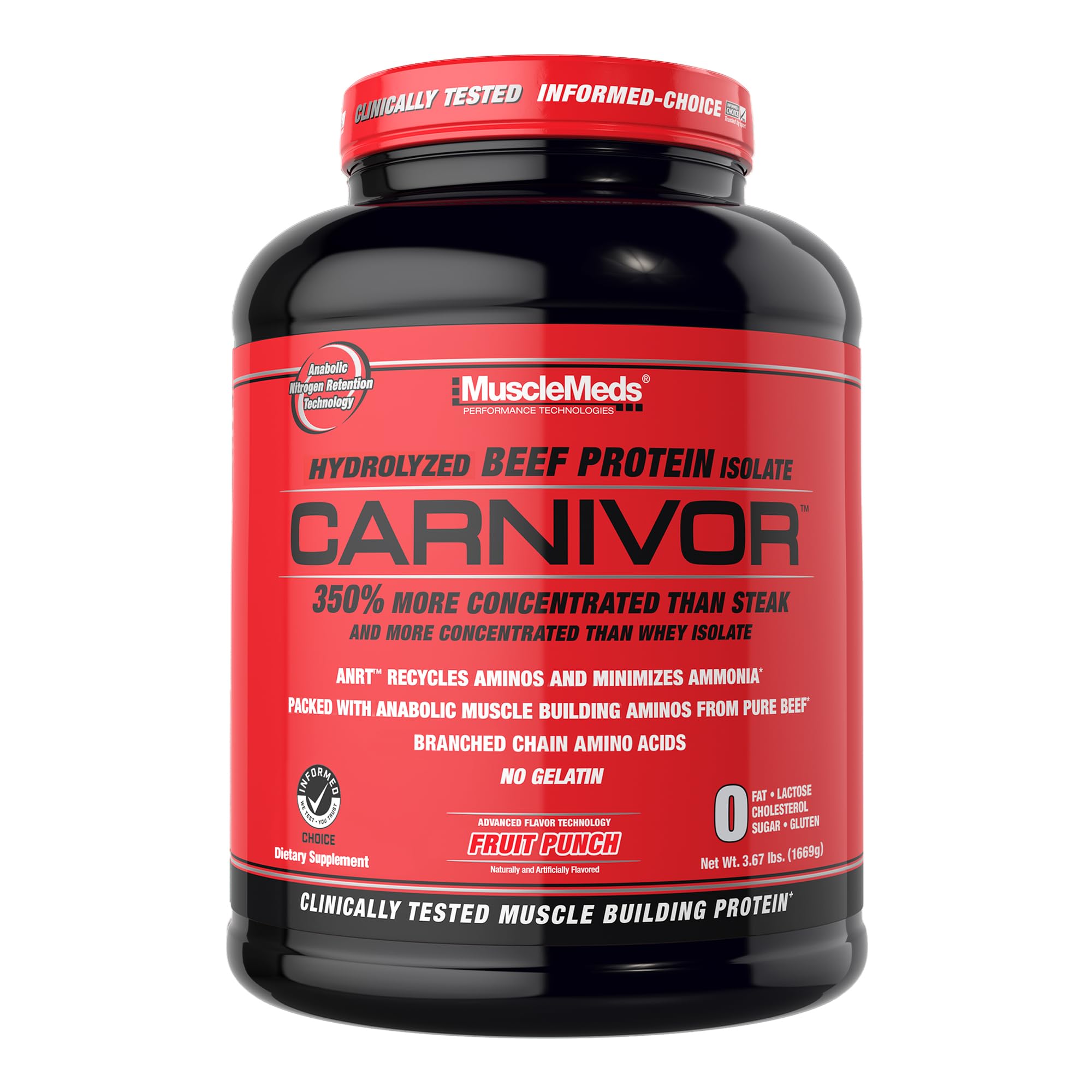 MuscleMeds Carnivor frente del envase mostrando tamaño 4 lb y marca para confianza