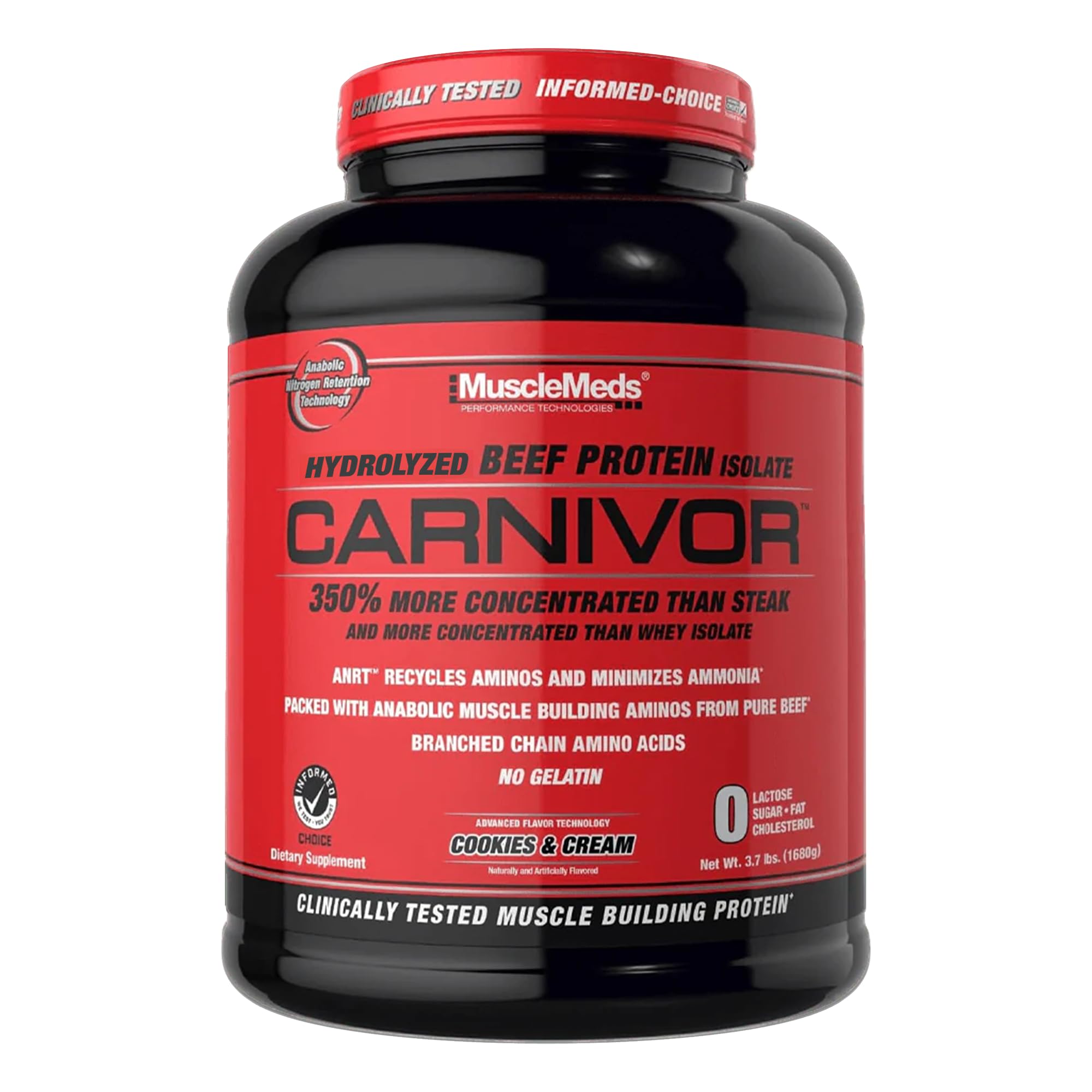 MuscleMeds envase frontal de Carnivor Cookies & Cream con beneficio de proteína pura