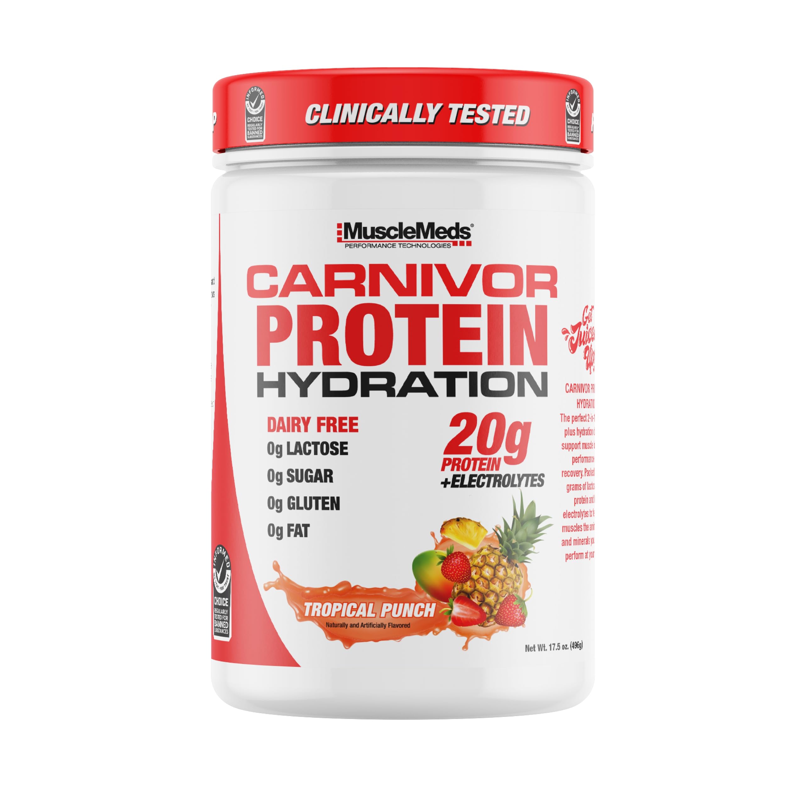 MuscleMeds Carnivor frontal del envase mostrando sabor Tropical Punch y beneficios