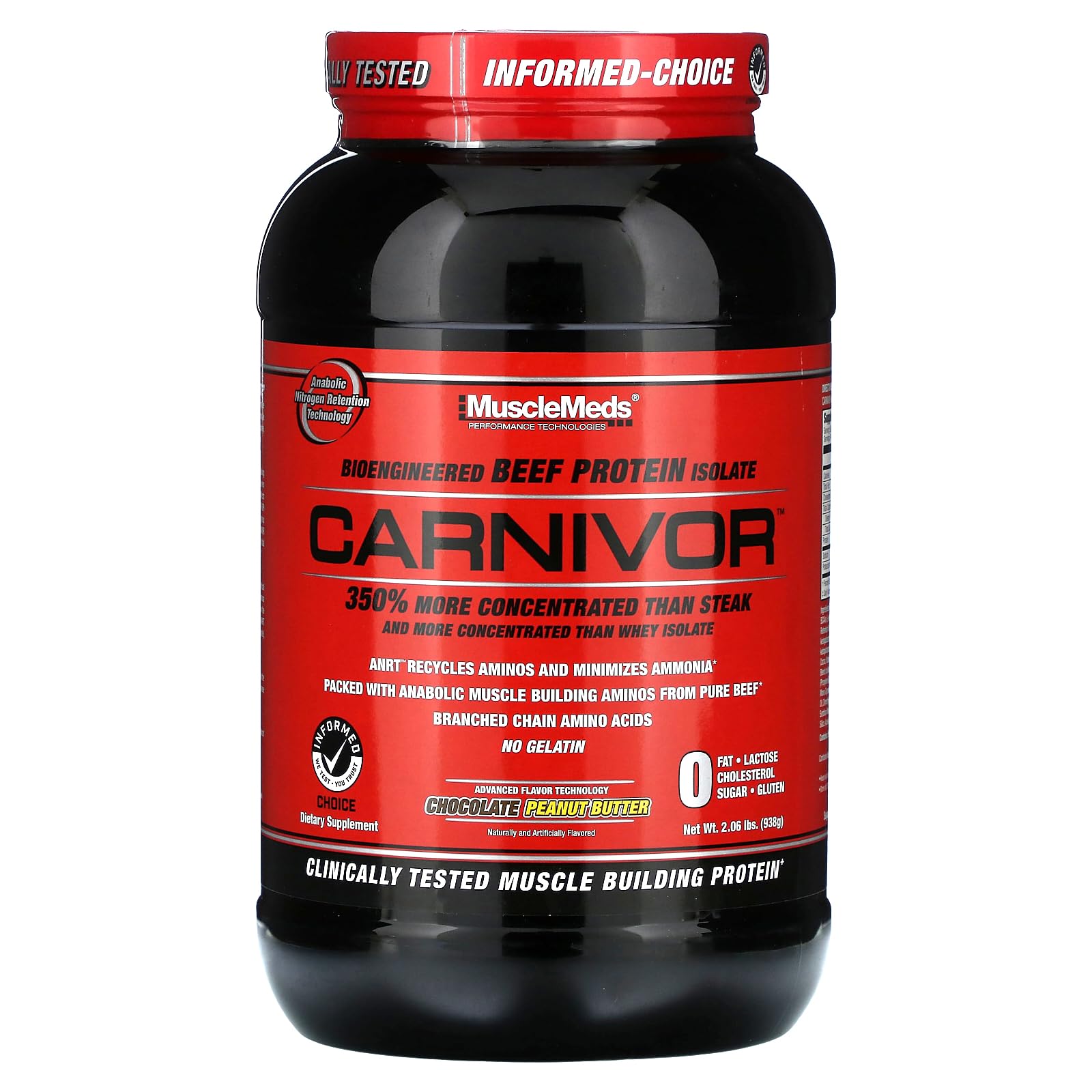 MuscleMeds Carnivor envase frontal mostrando etiqueta y beneficio proteico