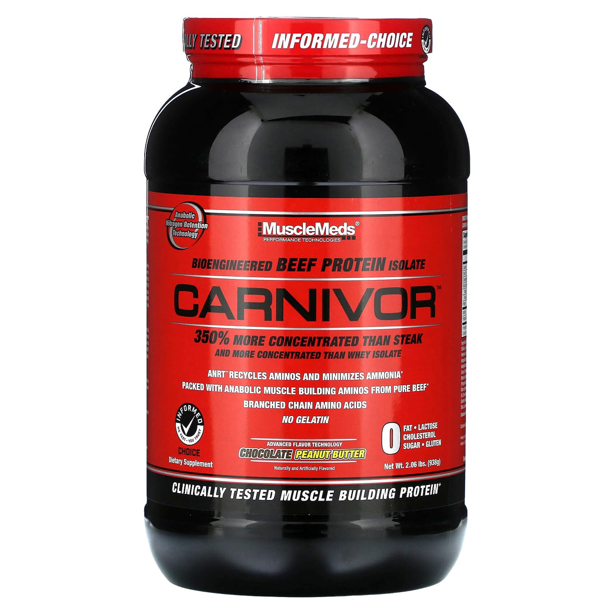 MuscleMeds Carnivor envase frontal mostrando etiqueta y beneficio proteico