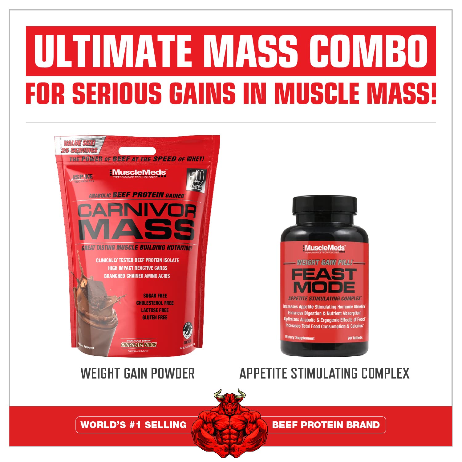 MuscleMeds Carnivor Mass comparación de tamaño 10.4 lb mostrando volumen para varias tomas