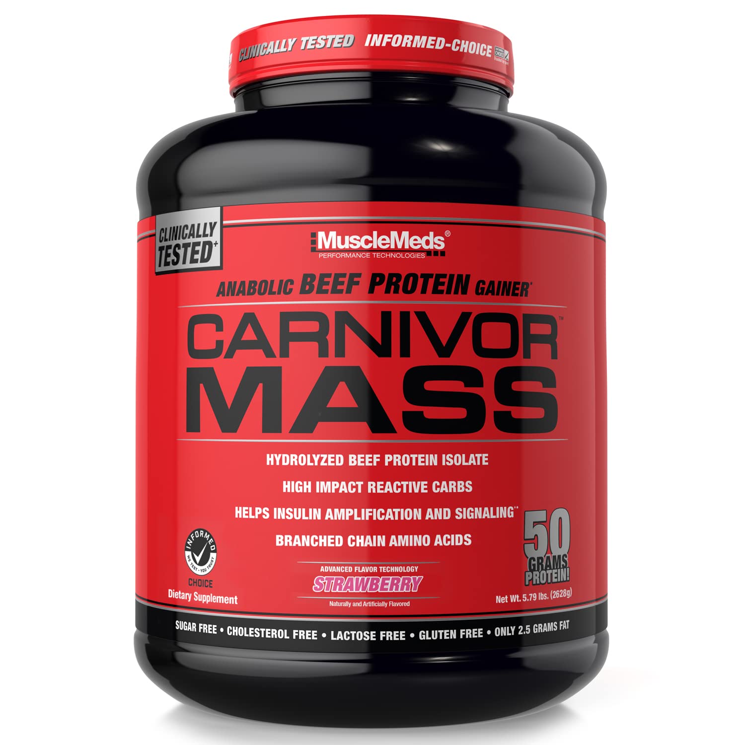 MuscleMeds Carnivor Mass frente del envase mostrando la marca y tamaño