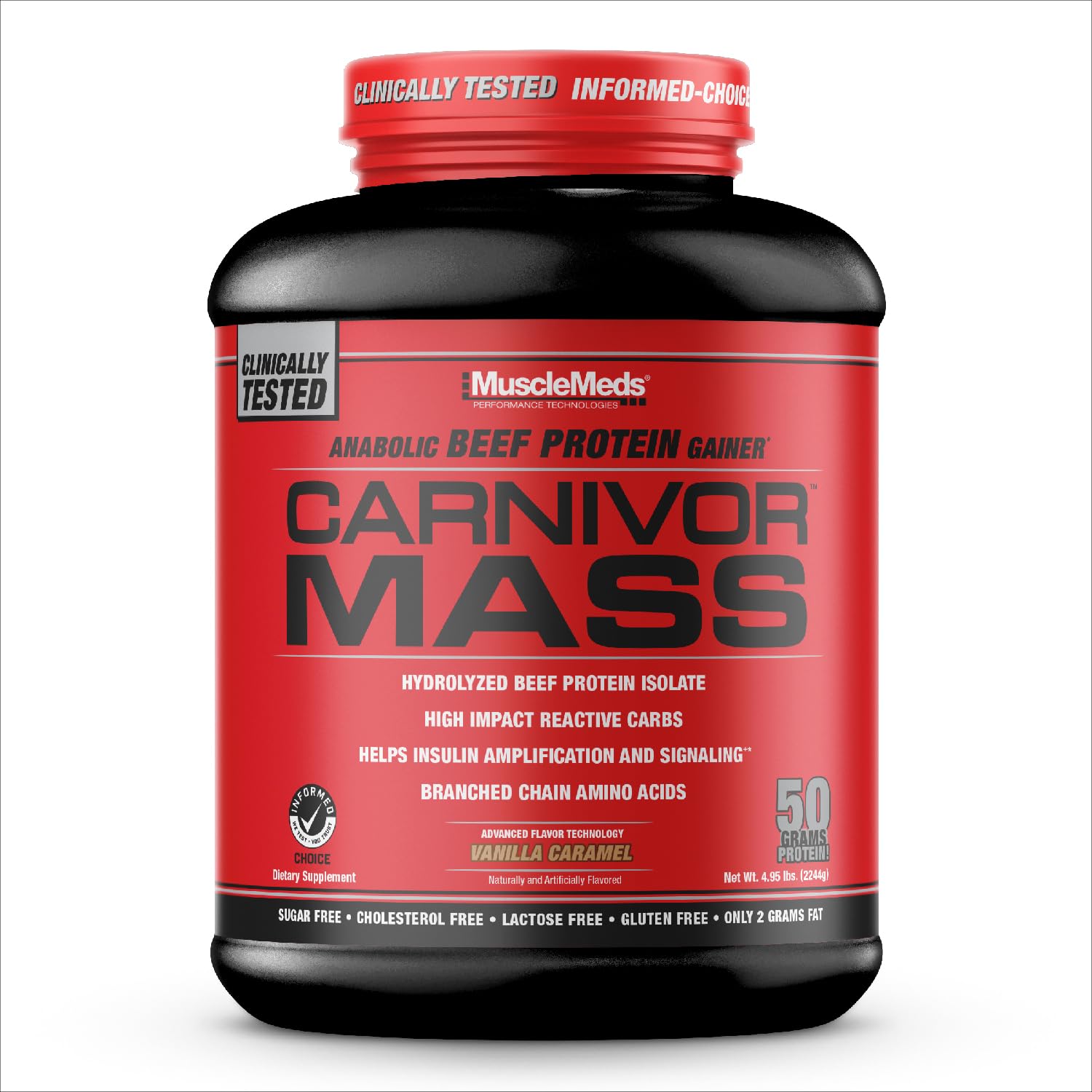 MuscleMeds CARNIVOR MASS frente del envase mostrando diseño y beneficios