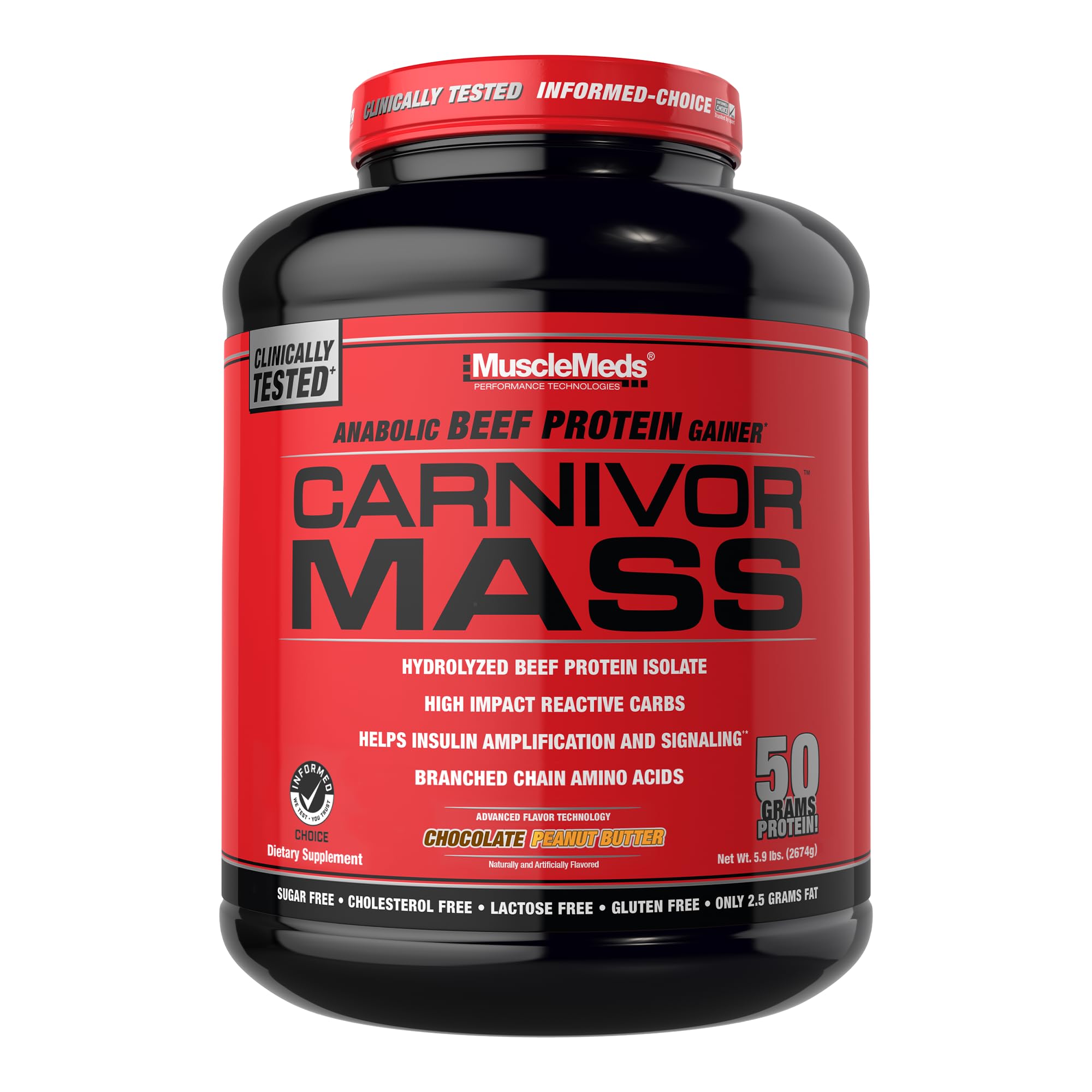 MuscleMeds CARNIVOR MASS envase frontal mostrando sabor chocolate peanut butter y tamaño