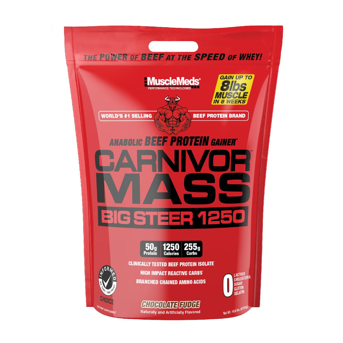 MuscleMeds bote frontal Chocolate 15 lb mostrando diseño y tamaño útil