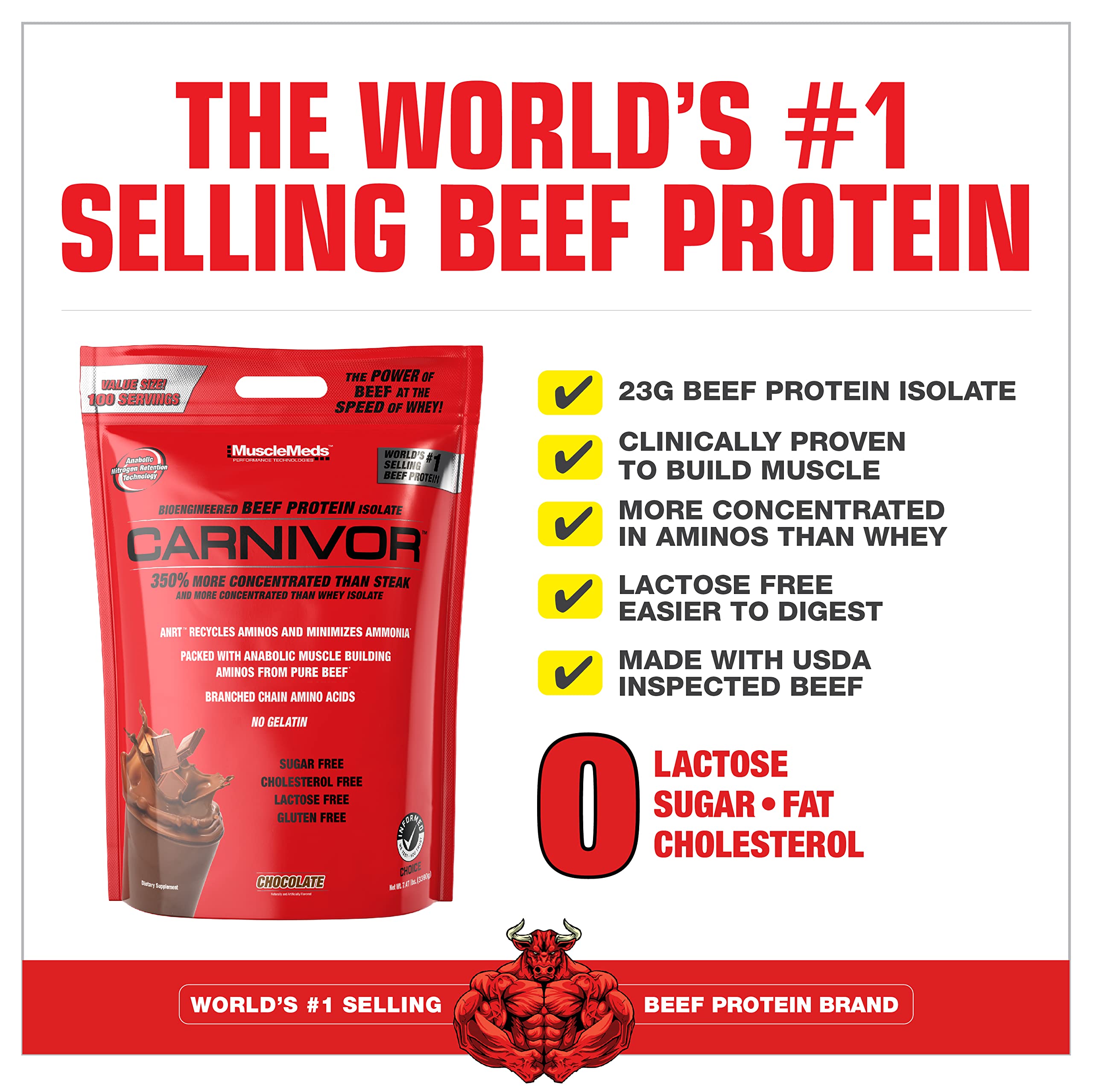 MuscleMeds Carnivor cucharada de polvo resaltando concentración proteica