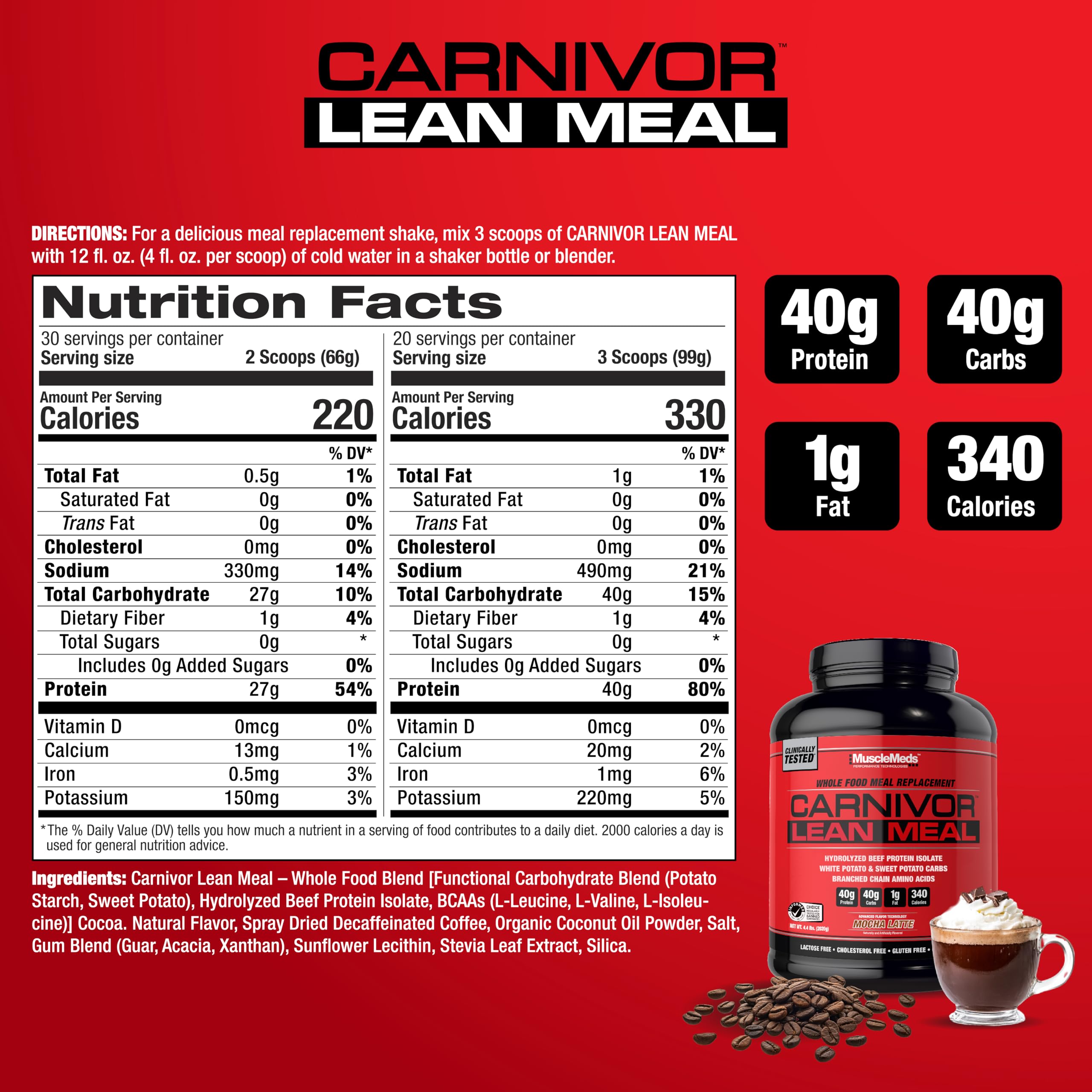 MuscleMeds polvo de CARNIVOR textura cercana, aspecto fino y fácil mezcla