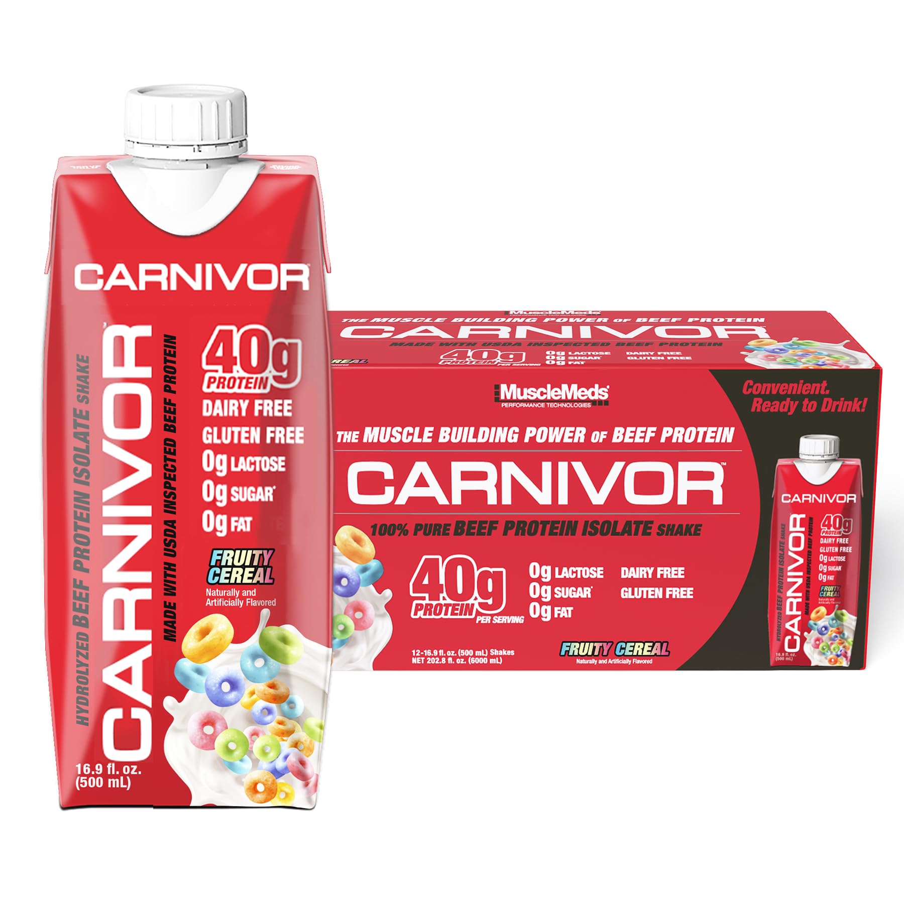 MuscleMeds Carnivor RTD frente mostrando etiqueta y beneficio proteico