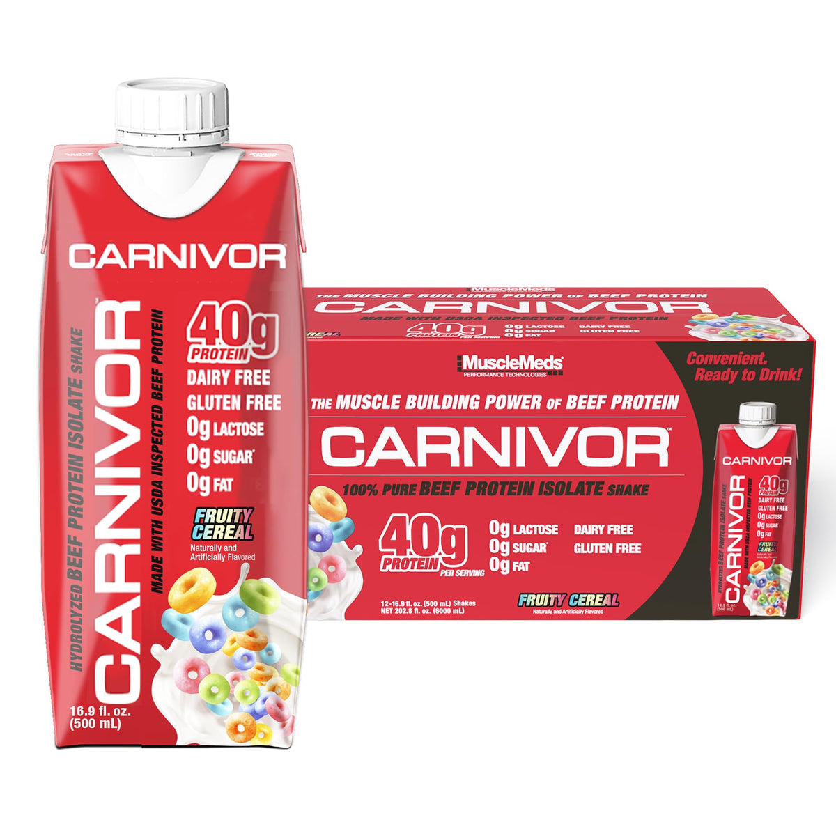 MuscleMeds Carnivor RTD frente mostrando etiqueta y beneficio proteico