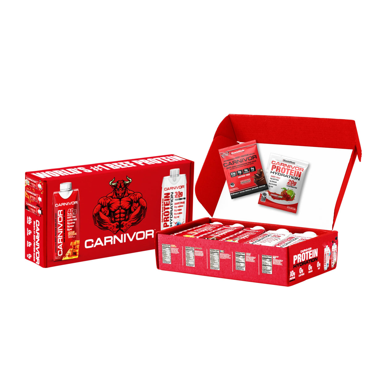 MuscleMeds Carnivor RTD vista frontal del envase mostrando información clave y beneficio proteico