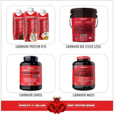 Etiqueta nutricional de MuscleMeds Carnivor Shred mostrando proteína, sin lactosa ni azúcar