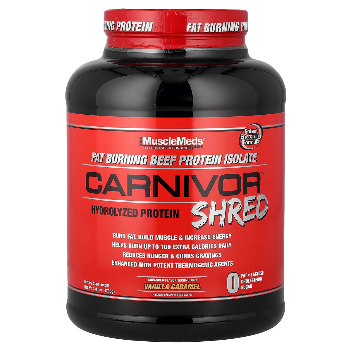 MuscleMeds Carnivor Shred envase frontal mostrando sabor vainilla caramelo y beneficios