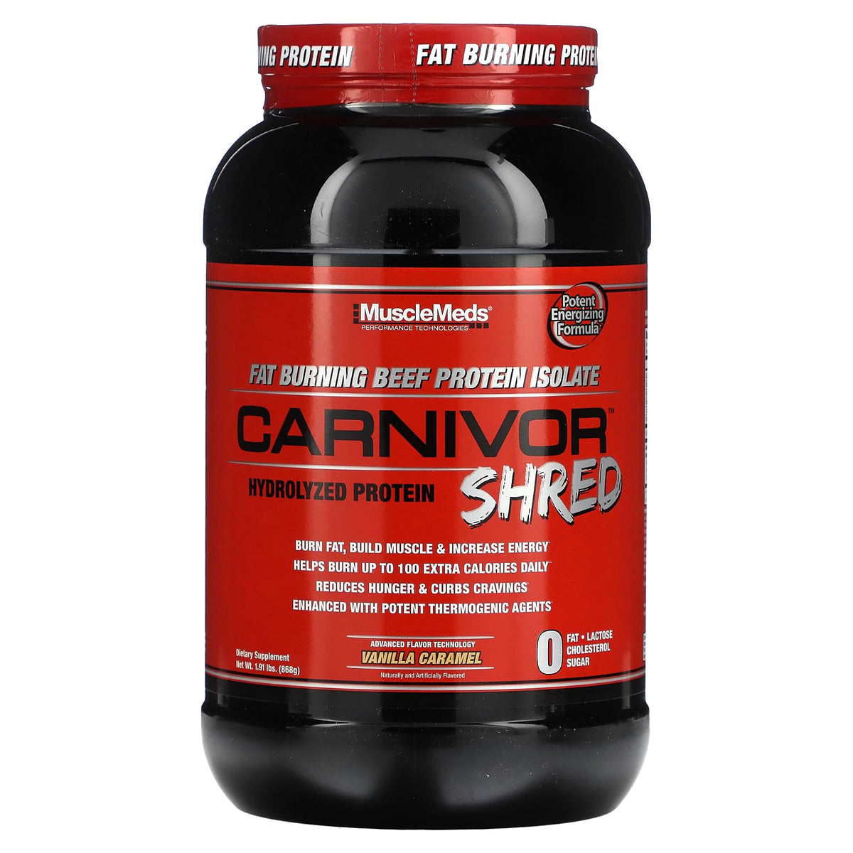 MuscleMeds Carnivor Shred envase frontal mostrando etiqueta y beneficio de proteína magra