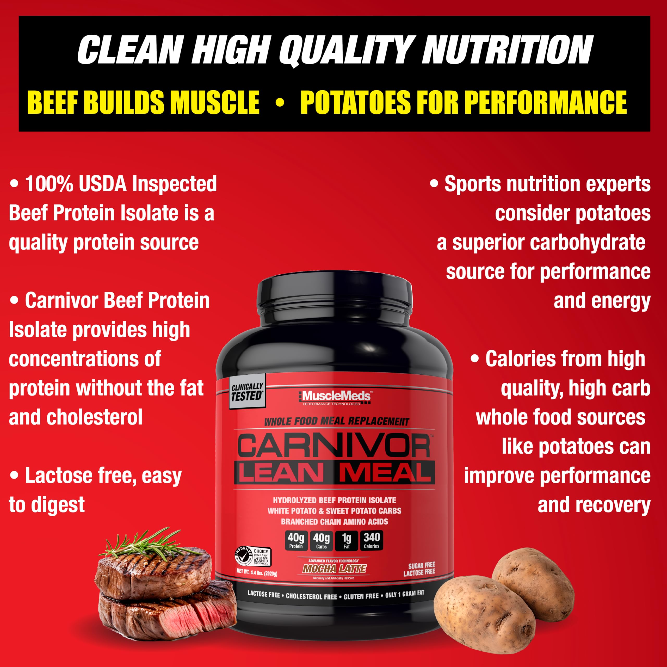MuscleMeds cucharada comparativa de servicio mostrando 40g proteína y 40g carbos