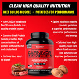 MuscleMeds cucharada comparativa de servicio mostrando 40g proteína y 40g carbos
