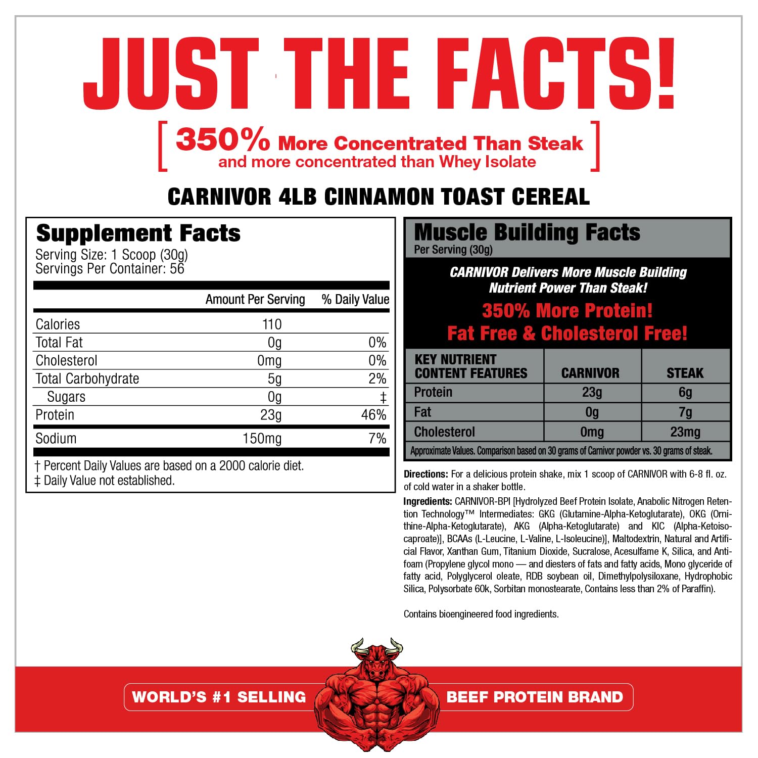 Envase de Carnivor junto a una pesa para comparar tamaño, MuscleMeds, 4 lb y 56 servicios visibles