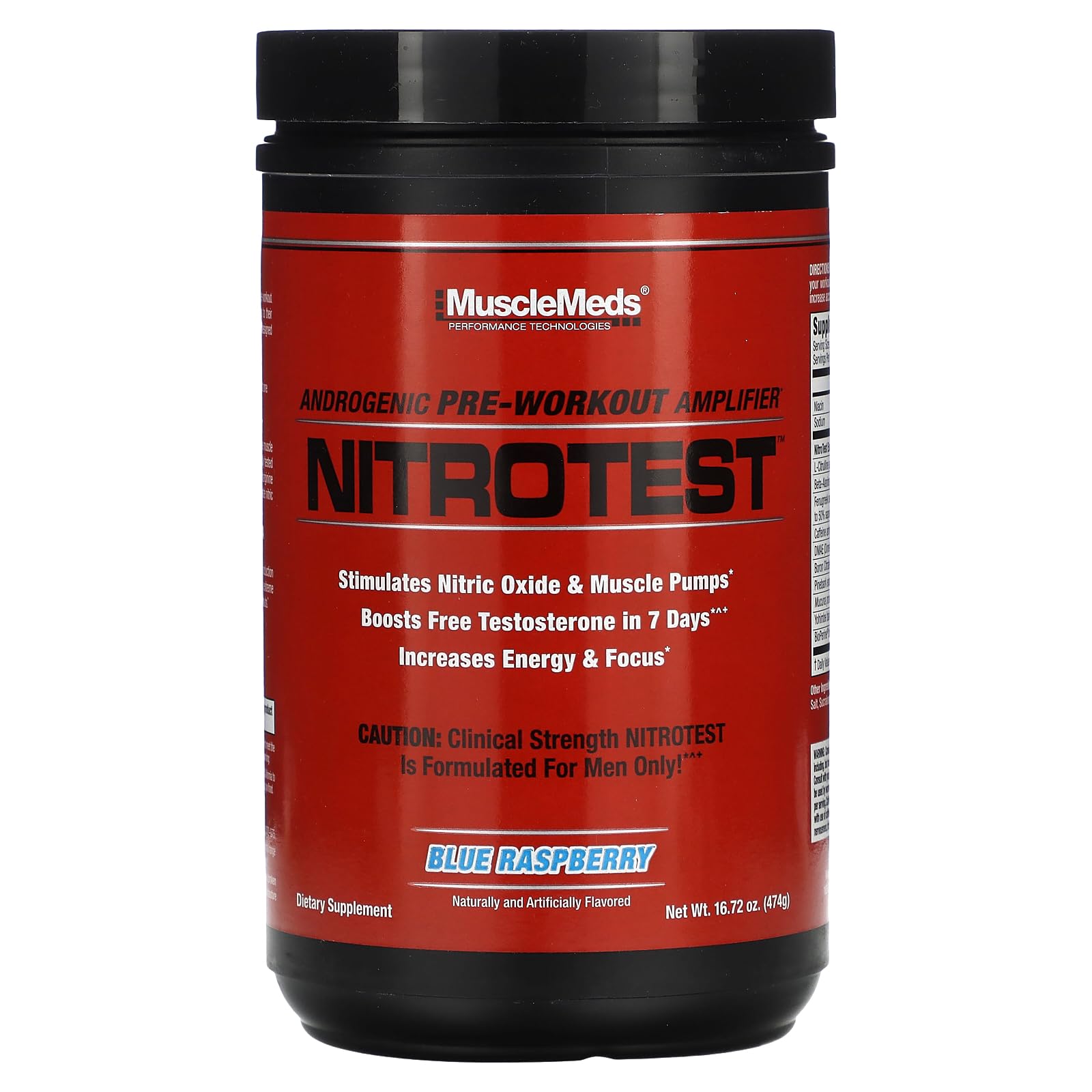 MuscleMeds Nitrotest vista frontal del envase con etiqueta clara y beneficio de potencia