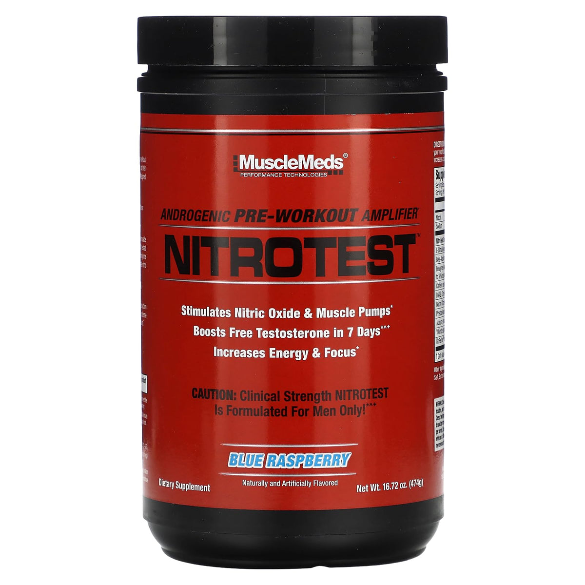 MuscleMeds Nitrotest vista frontal del envase con etiqueta clara y beneficio de potencia