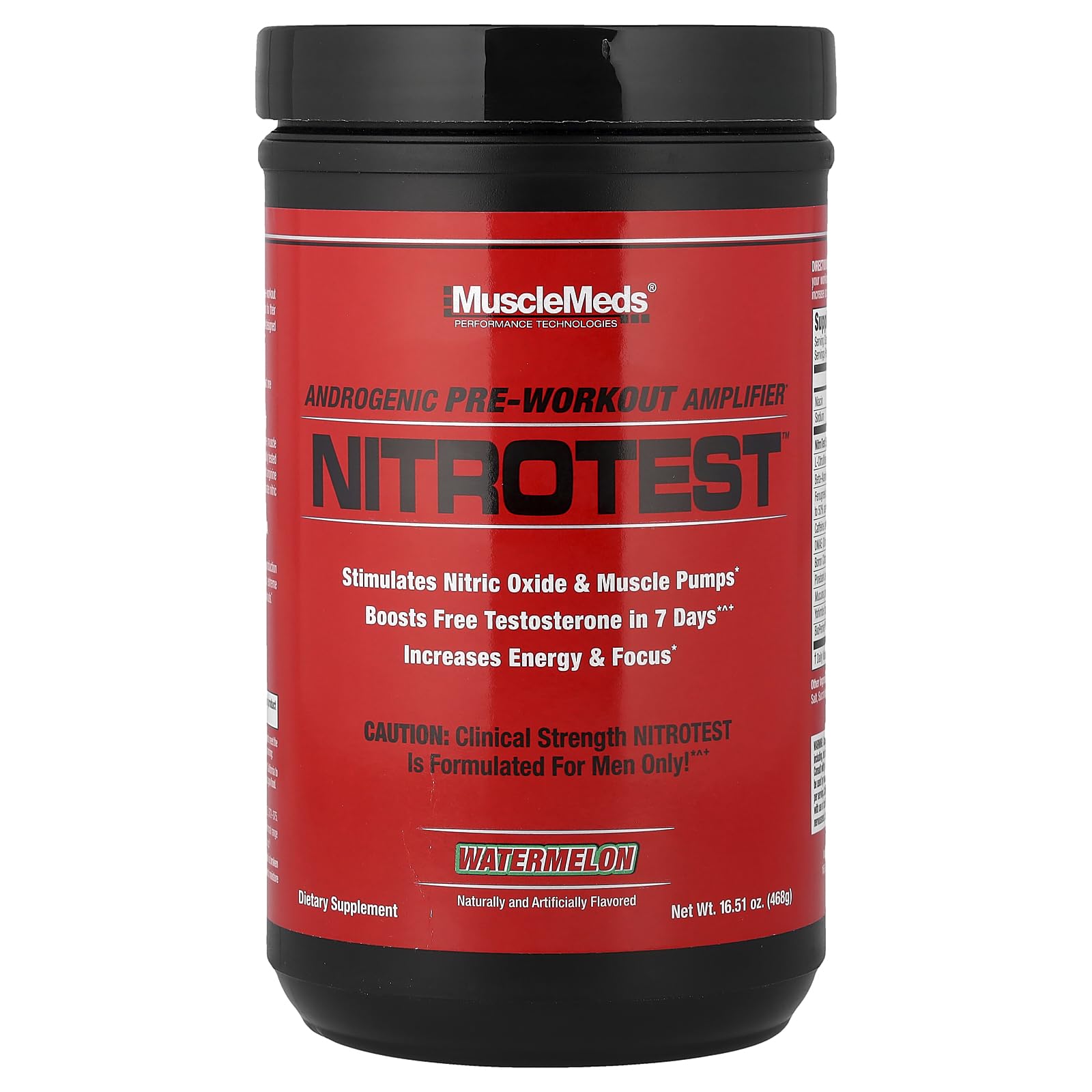 MuscleMeds Nitrotest frente del envase mostrando información de servidos y sabor sandía para energía intensa