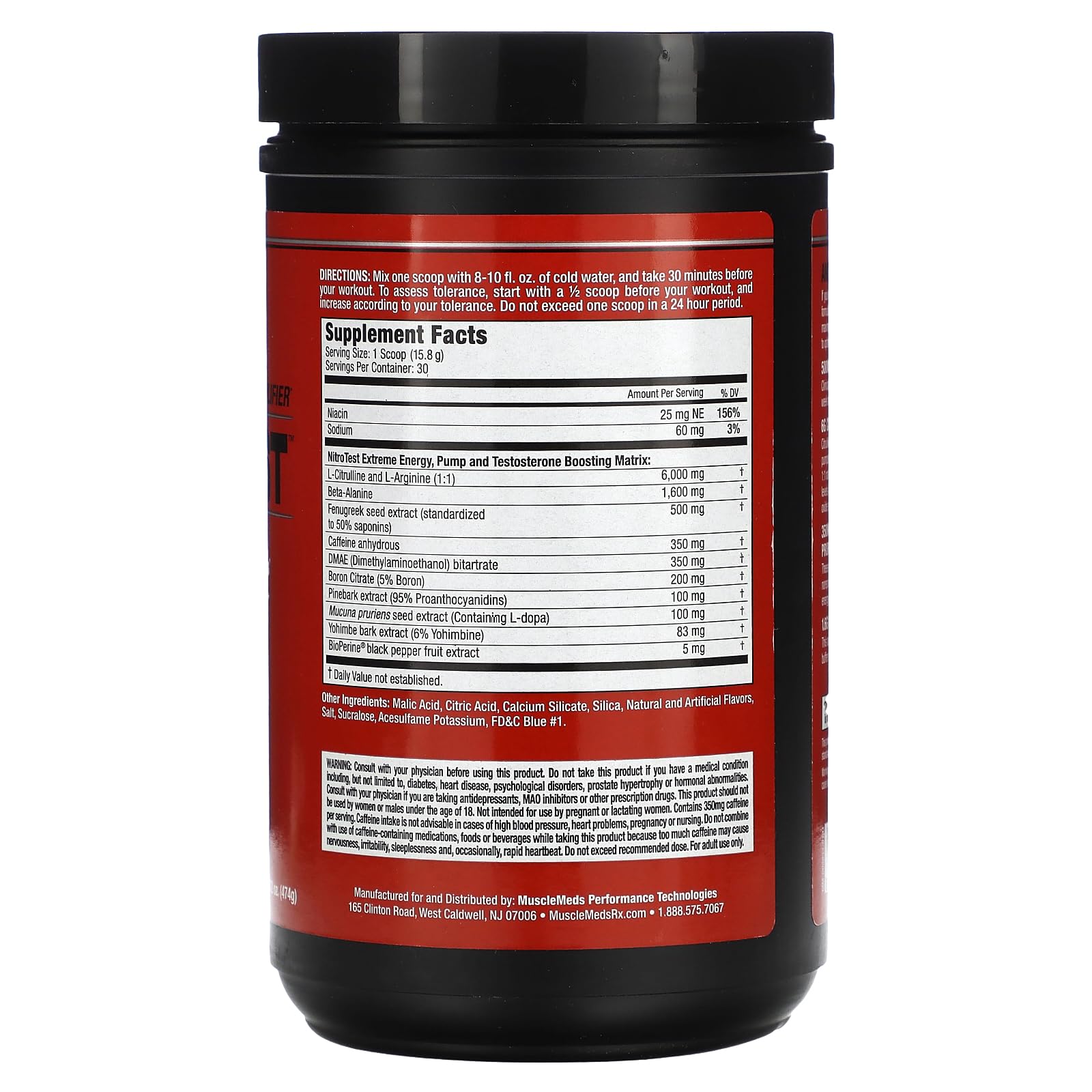 MuscleMeds Nitrotest polvo frambuesa azul mostrando textura fina y mezcla fácil
