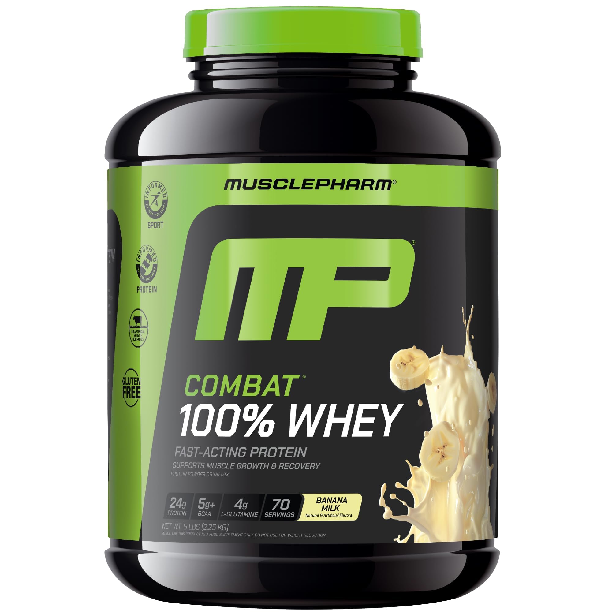 MusclePharm bote frontal mostrando sabor Banana Milk y conveniencia
