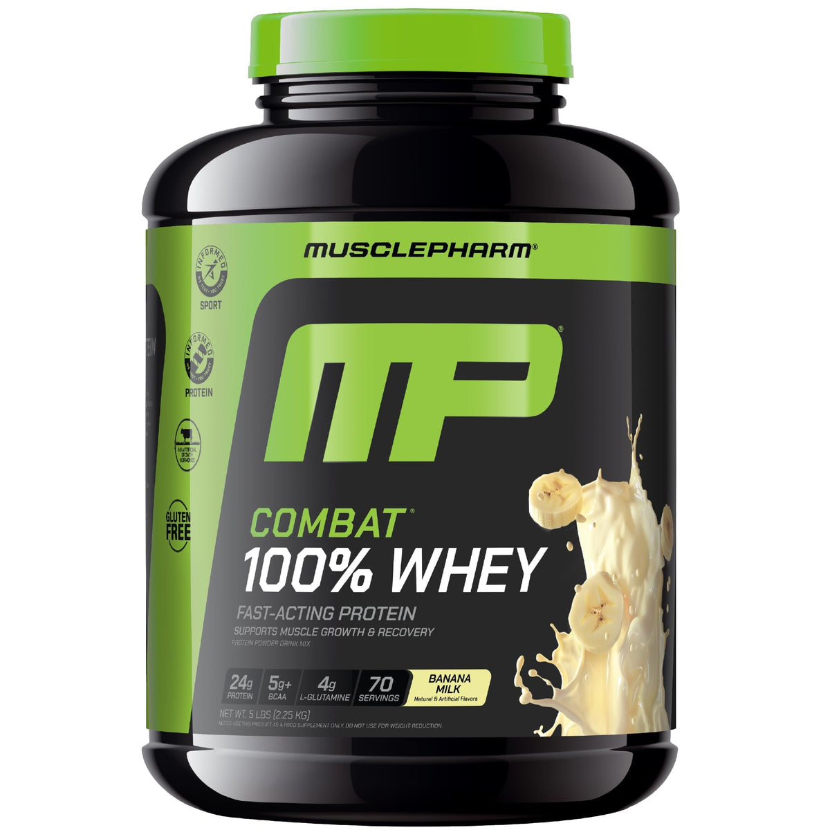 MusclePharm bote frontal mostrando sabor Banana Milk y conveniencia