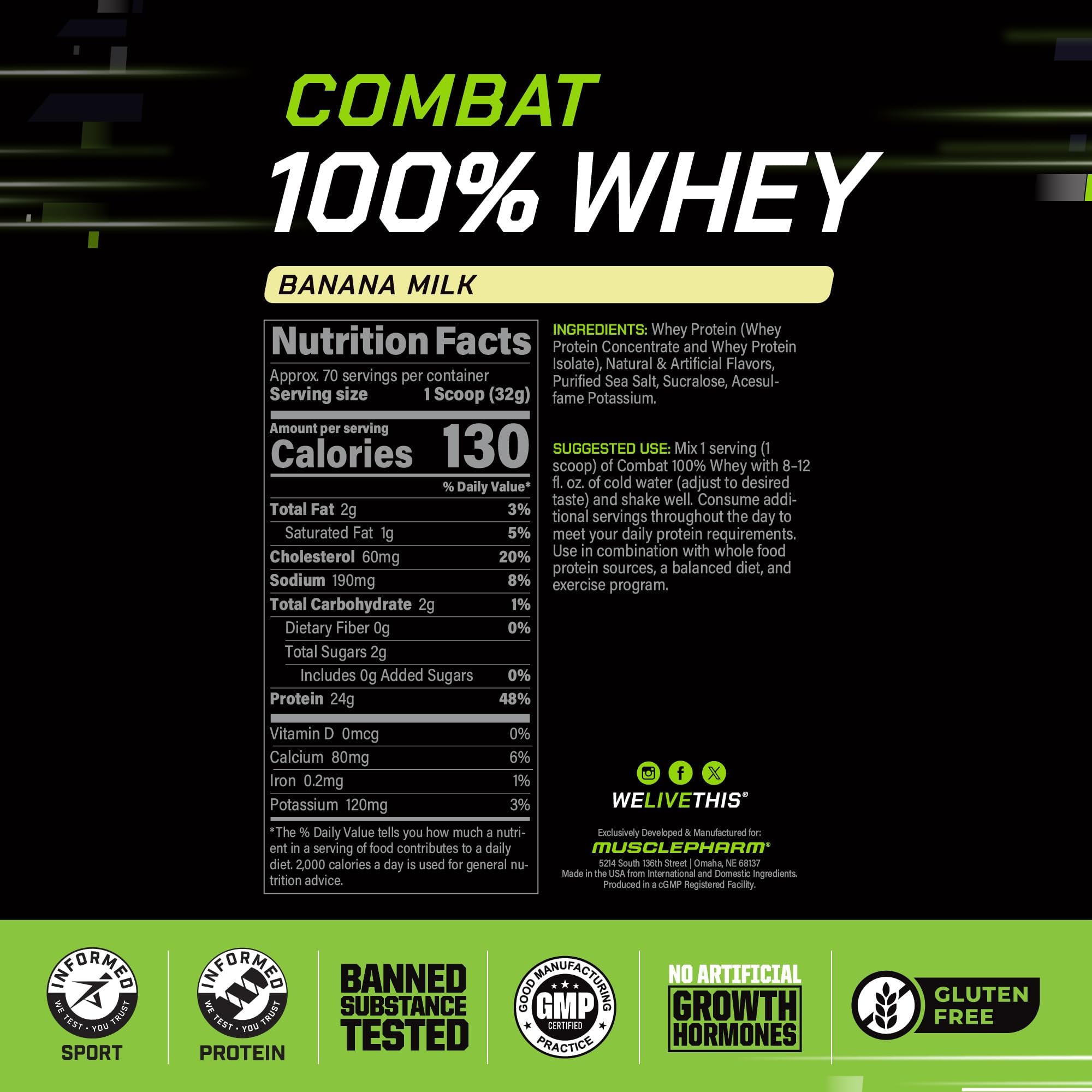 MusclePharm etiqueta y cierre indicando pruebas y sin gluten