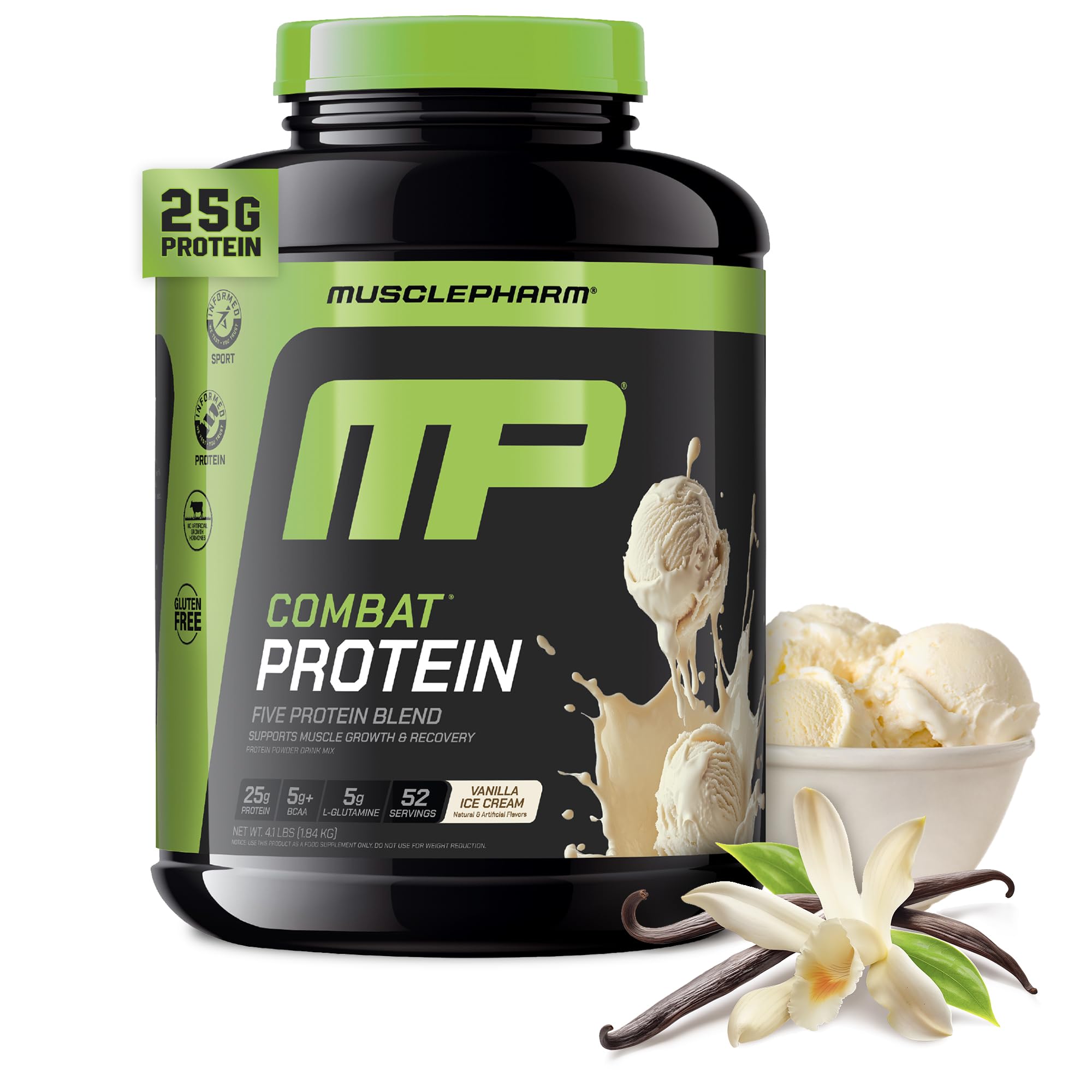 MusclePharm frasco frontal mostrando etiqueta y sabor vainilla, claridad de producto