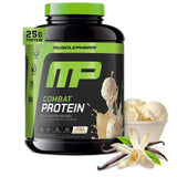 MusclePharm frasco frontal mostrando etiqueta y sabor vainilla, claridad de producto