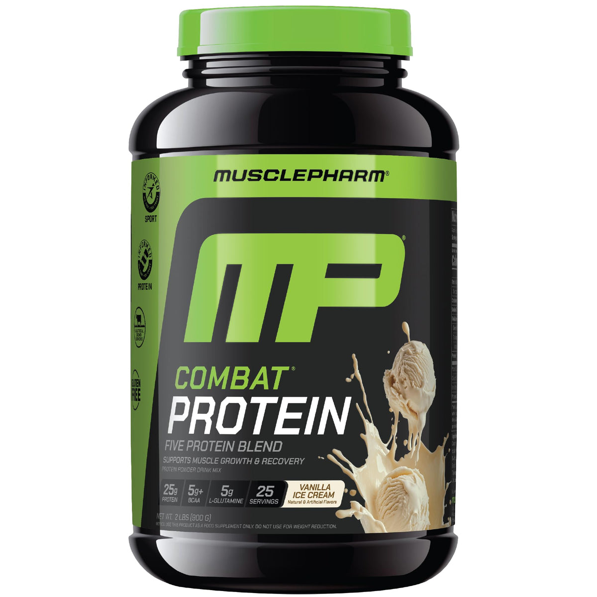 MusclePharm envase frontal mostrando la marca y beneficio recuperación