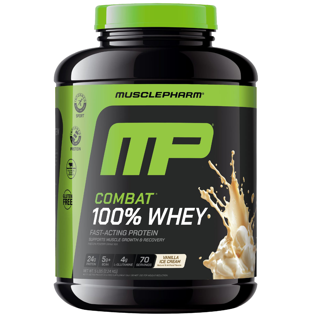 MusclePharm envase frontal mostrando 70 porciones y beneficio conveniencia