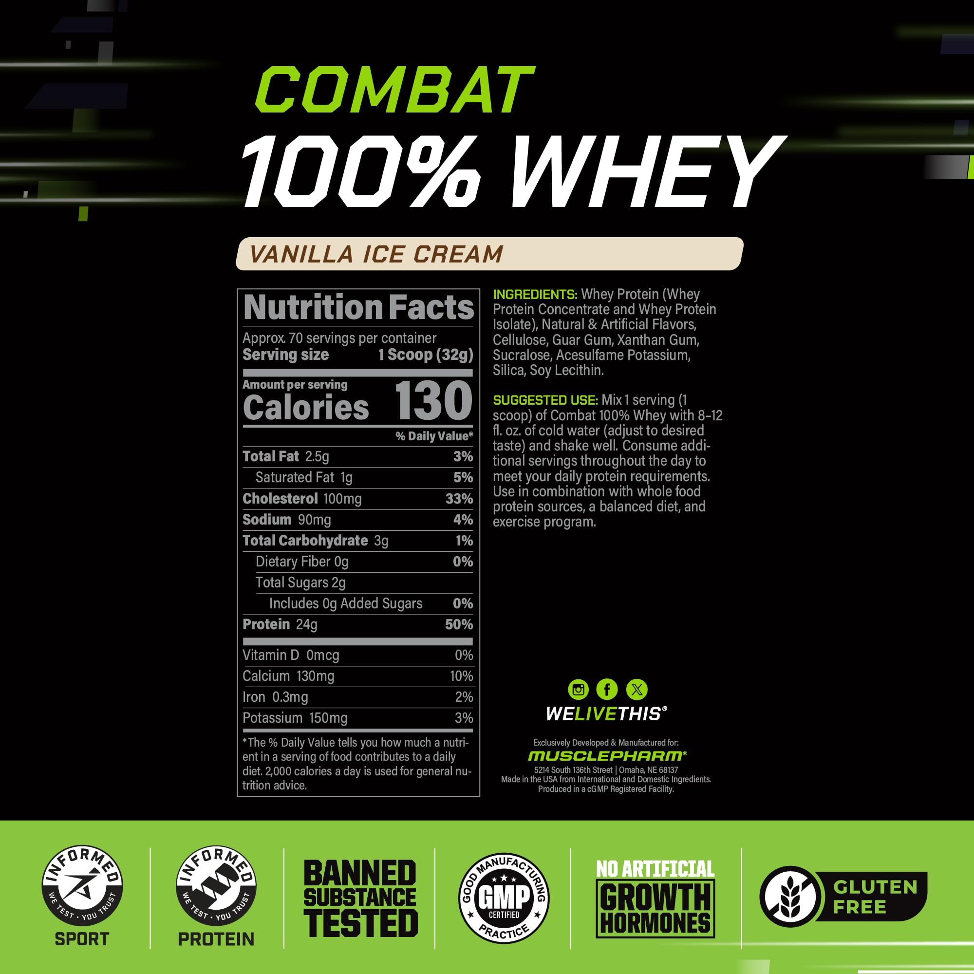MusclePharm textura del polvo en primer plano, fácil disolución visible