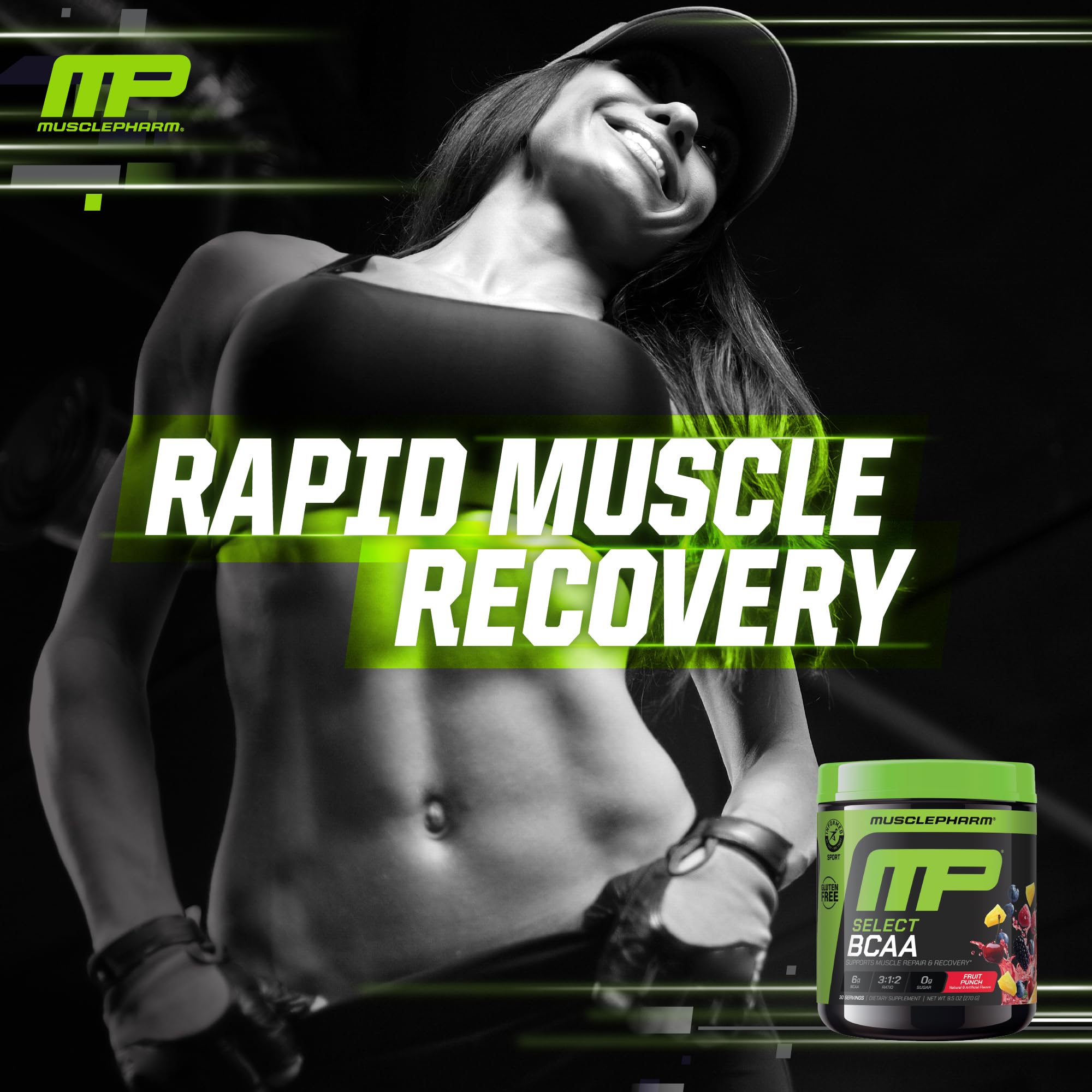 MusclePharm envase en mano para visualizar tamaño real