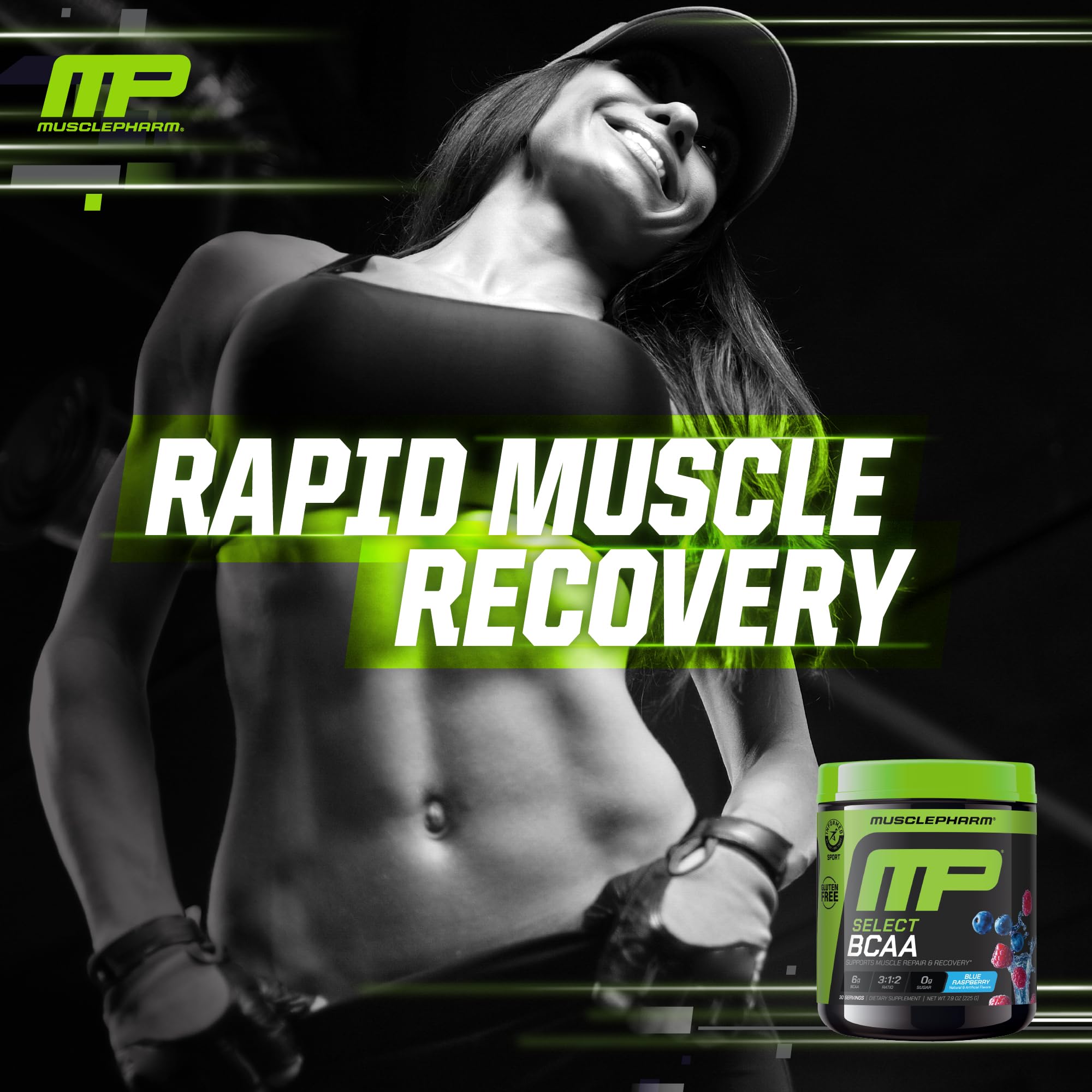MusclePharm comparación de tamaño del envase junto a una botella estándar